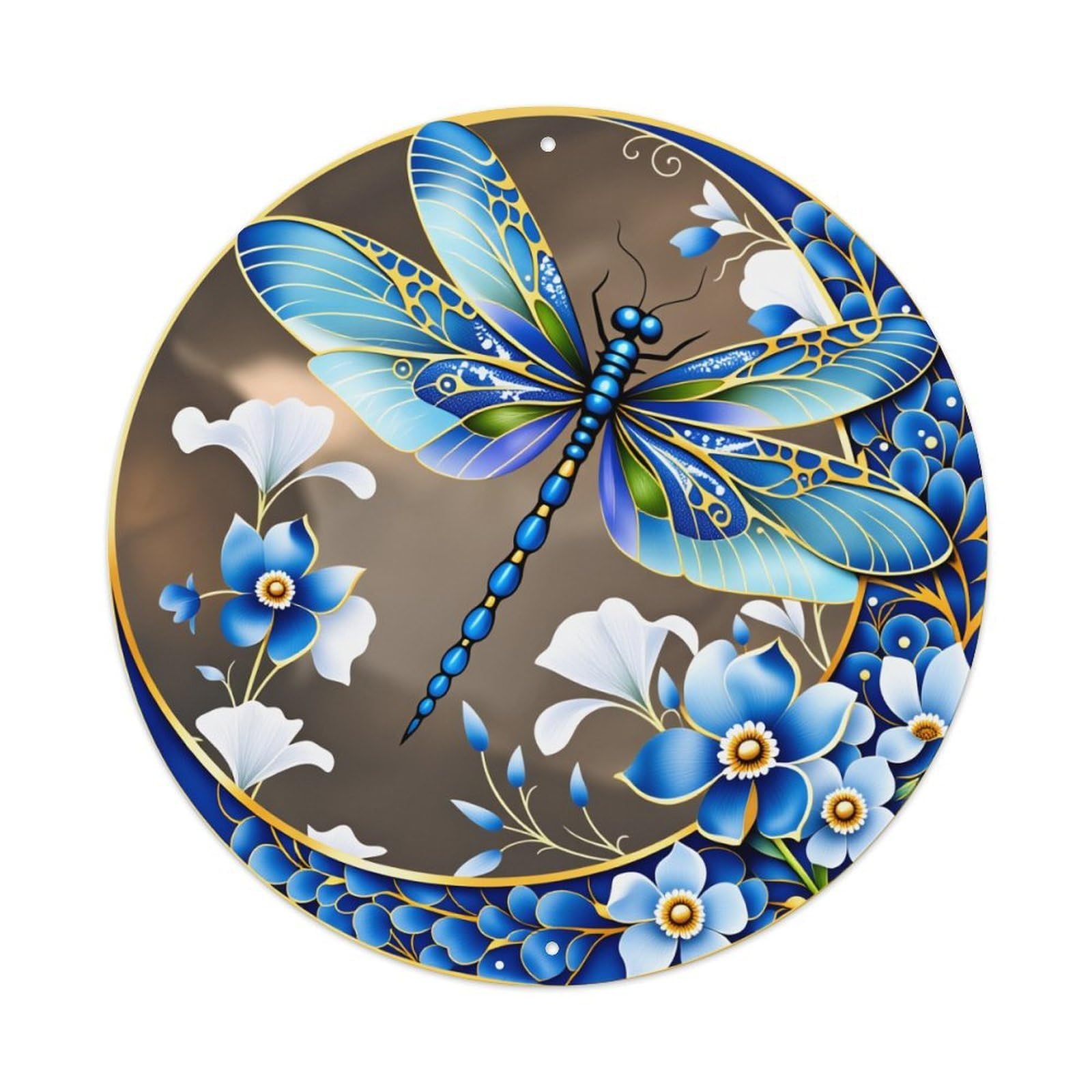 Blue Dragonfly Floral Pattern Art Round Tin Sign Vintage Metal Poster Retro Bar, Home, Man Cave, Kitchen, Laundry Room Wall Art Decor Gift 8x8Inch