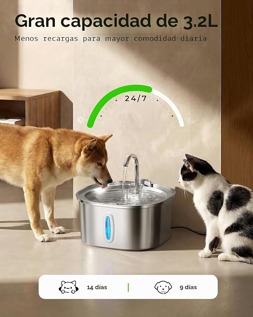 Foto 4 de 8 de Pektaco Fuente de Agua Automática para Gatos, Dispensador de Acero Inoxidable con Ventana de Nivel