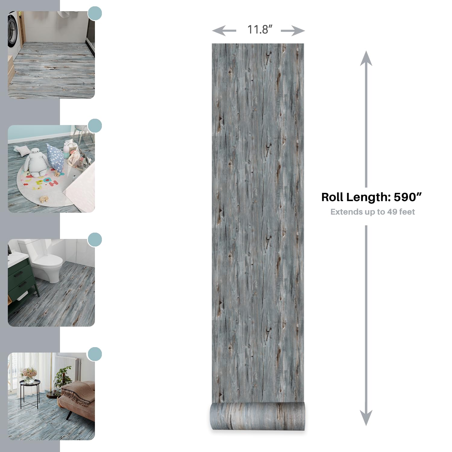 Peel and Stick Vinyl Flooring Roll 11.8" Width, Length 590" Waterproof and Non-Slip Wood Floor for Bathroom, Bedroom