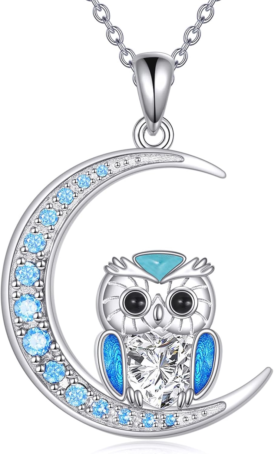 YAFEINI Owl Necklace Sterling Silver Moon Birthstone Owl Pendant Necklaces Jewelry Gift for Women