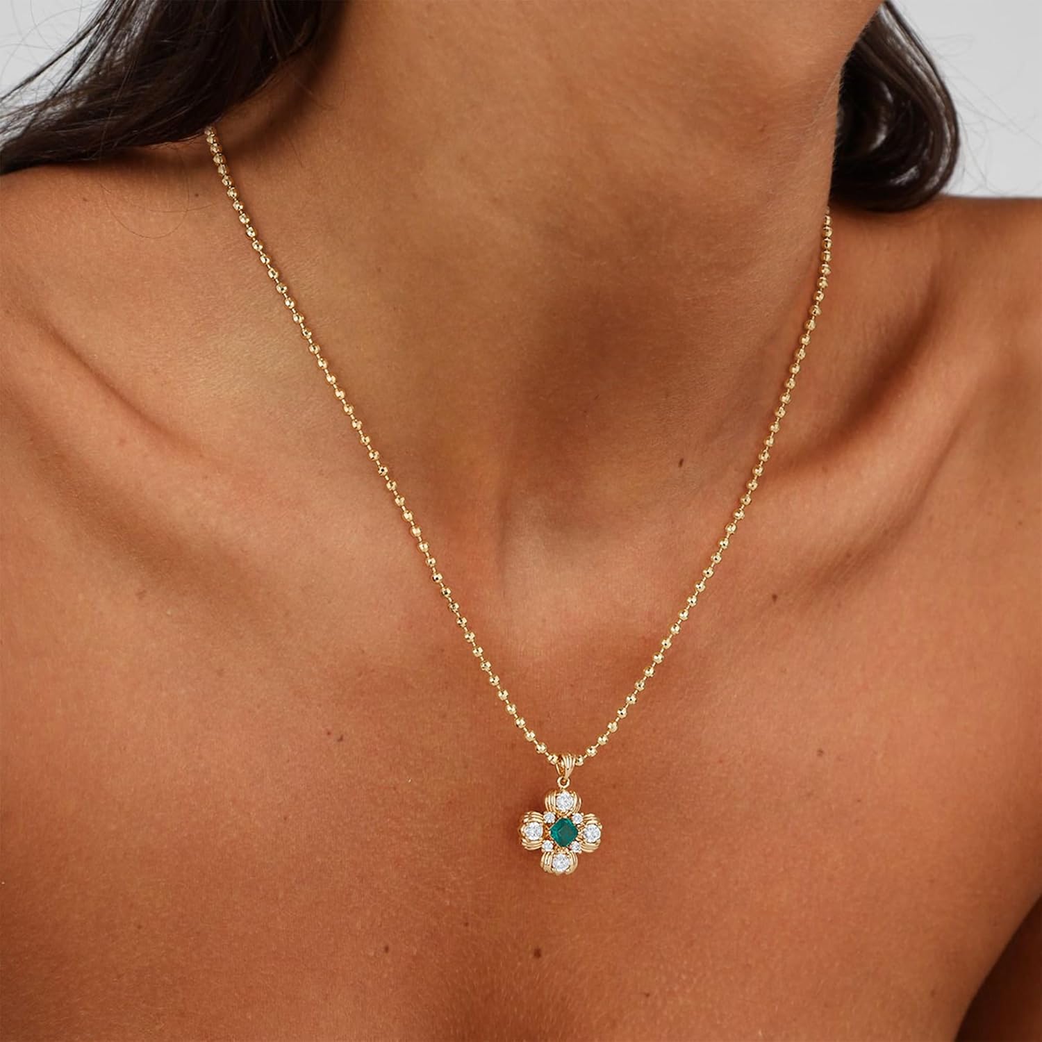 Gold Simulated Emerald Pendant Necklace for Women 14K Gold Plated Dainty Gemstone Crystal Emerald Charm Necklaces for Women Trendy Gold Jewelry - Image 2
