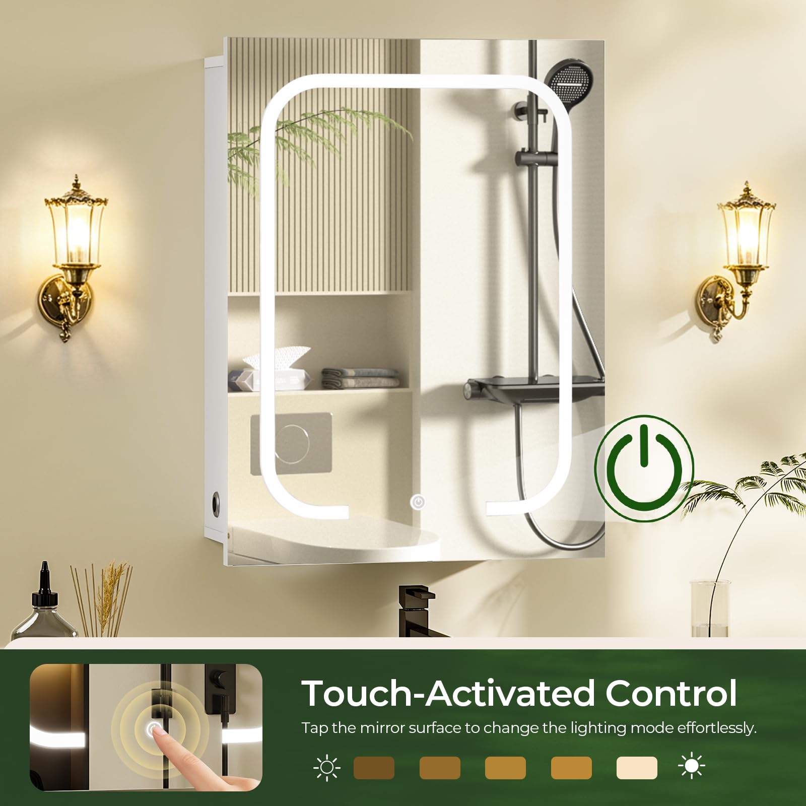 CHOEZON Armario de Baño con Espejo e Iluminación, 3 Temperaturas de Color, Armario de Pared de 45 x 60 cm con Estantes Ajustables, Puerto USB, Interruptor Táctil, Blanco