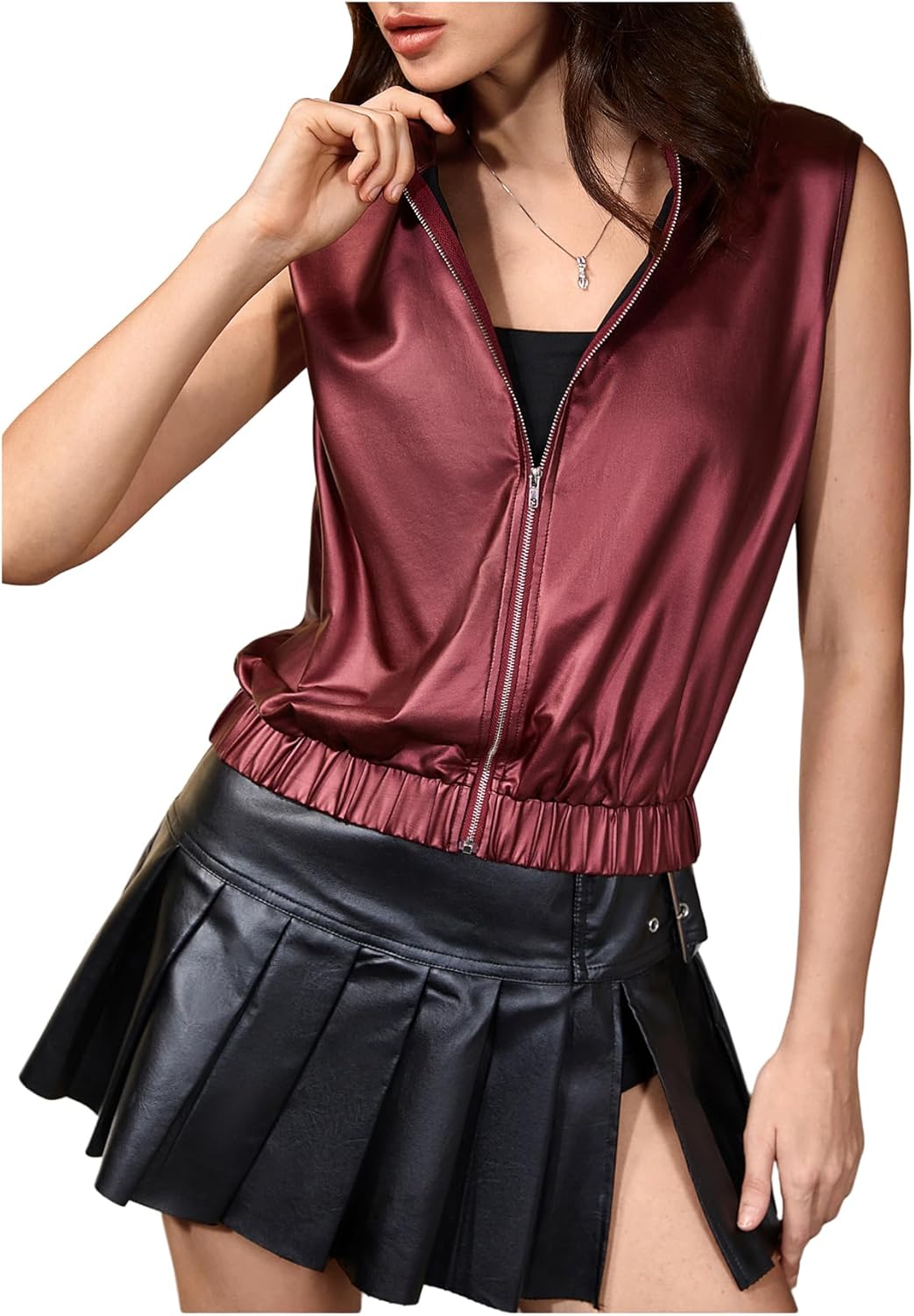 BEAUDRM Women's Metallic Zip Front Mock Neck Collar Crop Tank Top Sleeveless Vest Jacket