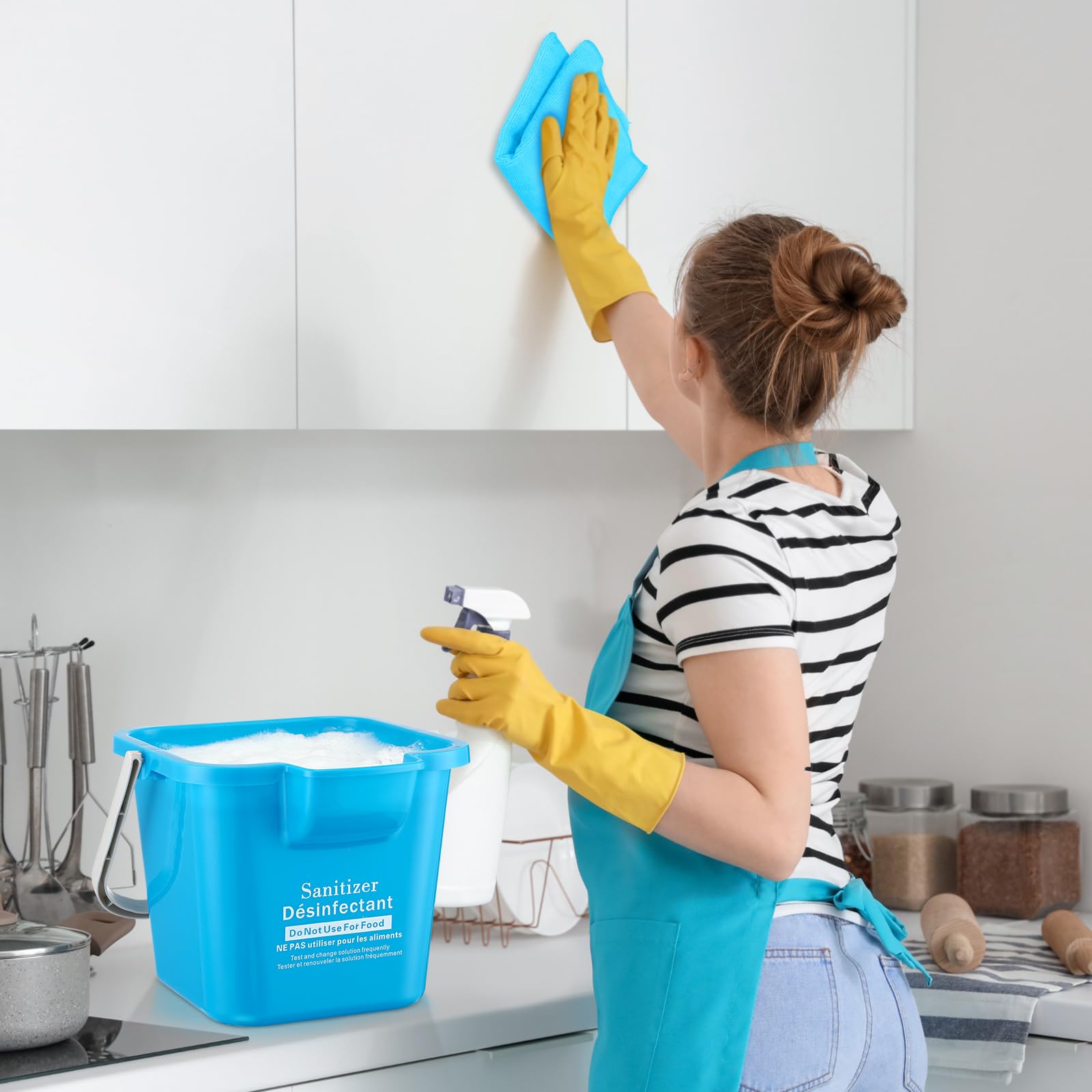Vesici Reinigungseimer mit Mikrofaser-Reinigungstüchern, klein, quadratisch, Kunststoff, mit Griff, für Haushalt, Restaurant, Büro, Schule, bunt, 6 Sets
