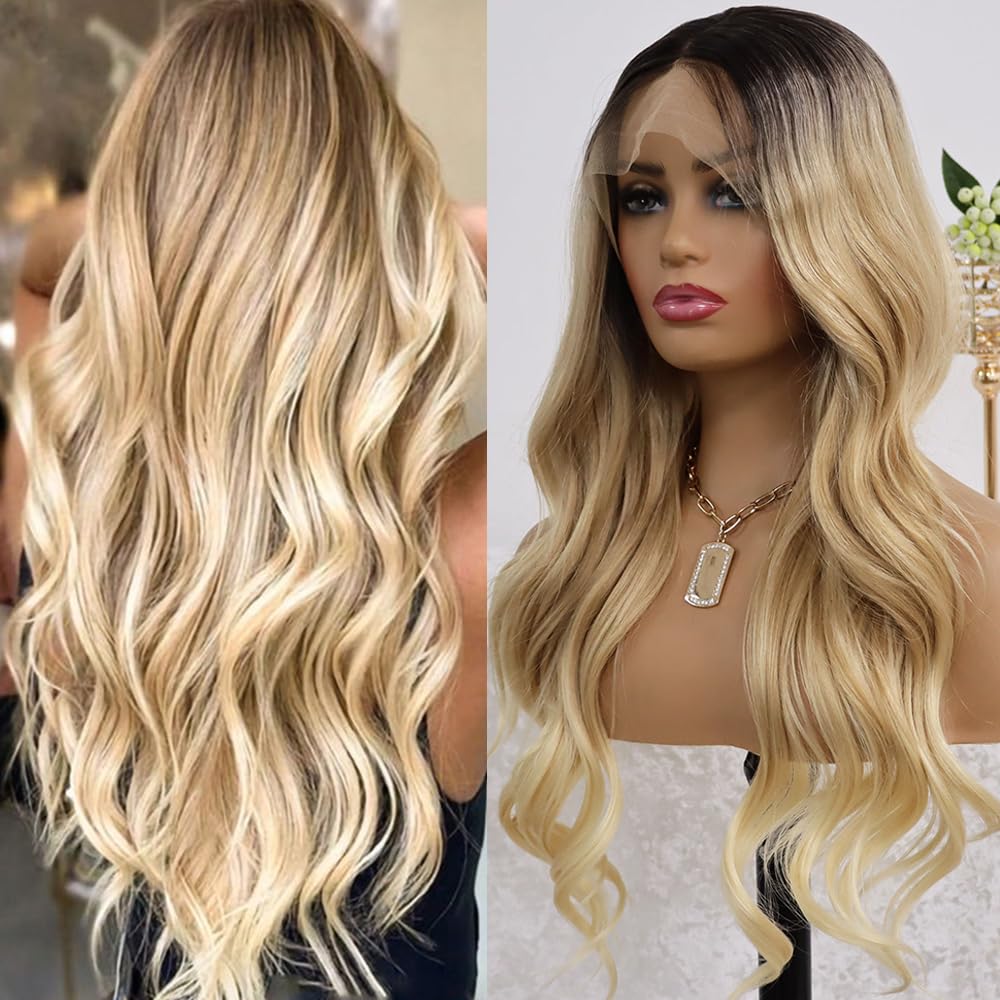 MACA BAKA Ombre Blonde Lace Front Wig Glueless Long Wavy Highlight 3 Tone Brown Mixed Blonde 13x4 Synthetic Lace Front Wigs for Women Daily Wear 150