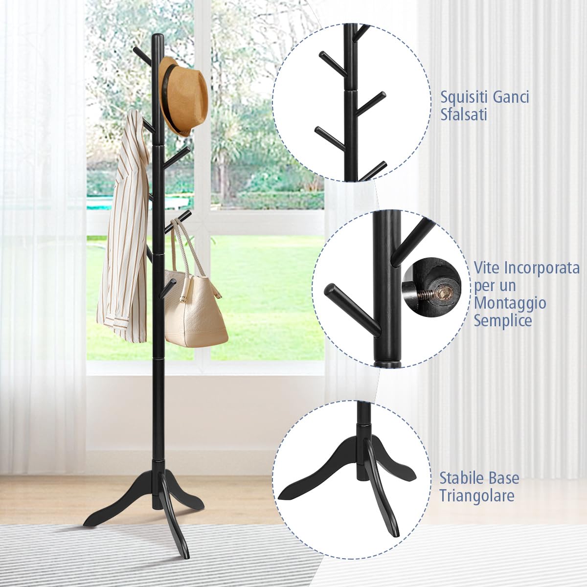 COSTWAY Attaccapanni in Legno, Attaccapanni da Terra con 8 Ganci Regolabili in Altezza, Albero Porta Abiti per Camera da Letto Soggiorno Ingresso e Ufficio, Carico 56 kg (Nero)