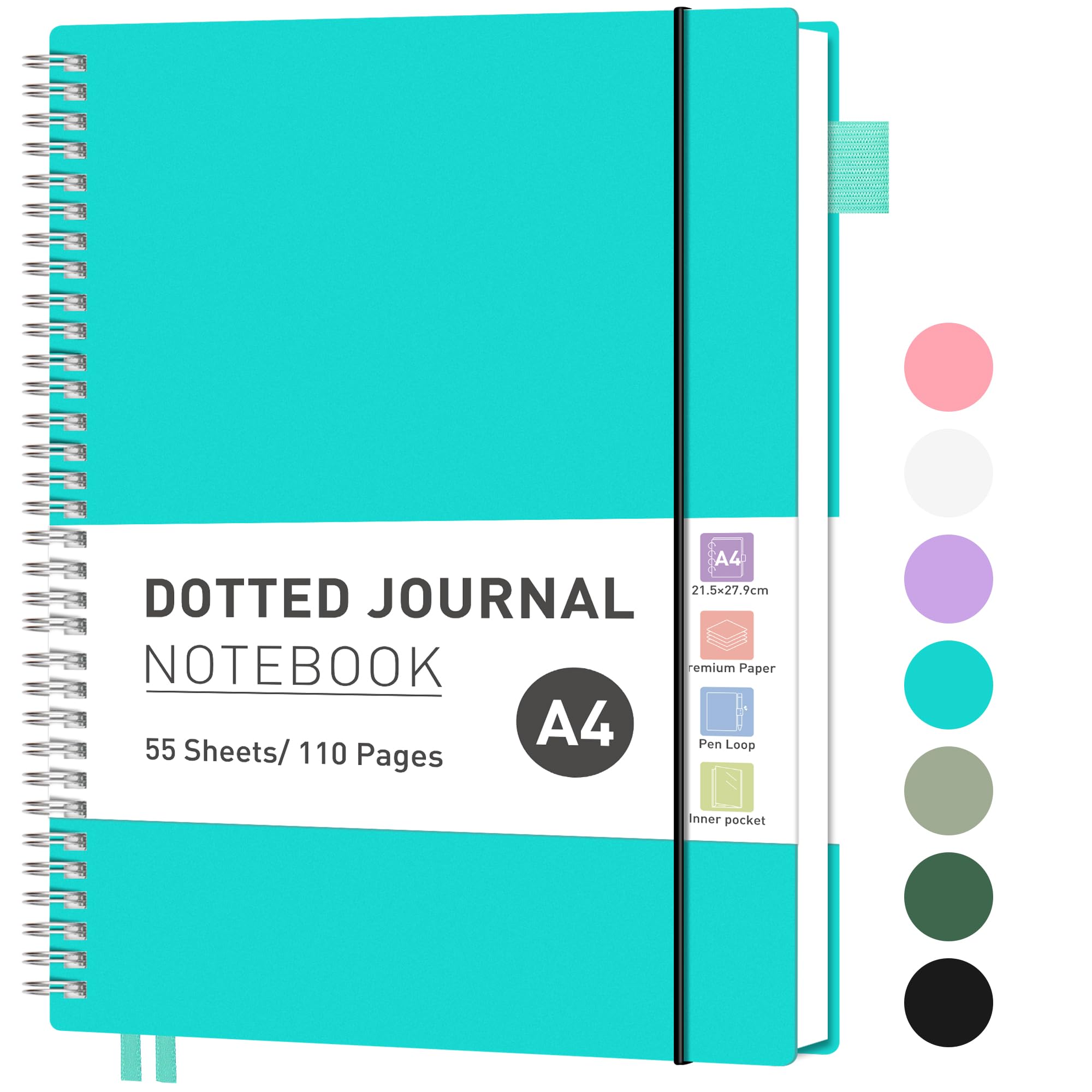 RETTACY A4 Notebook Bullet Dot Journal, Grid Dotted Notebook 110Pages /55 Sheets for Writing,Notepad with PVC Pocket