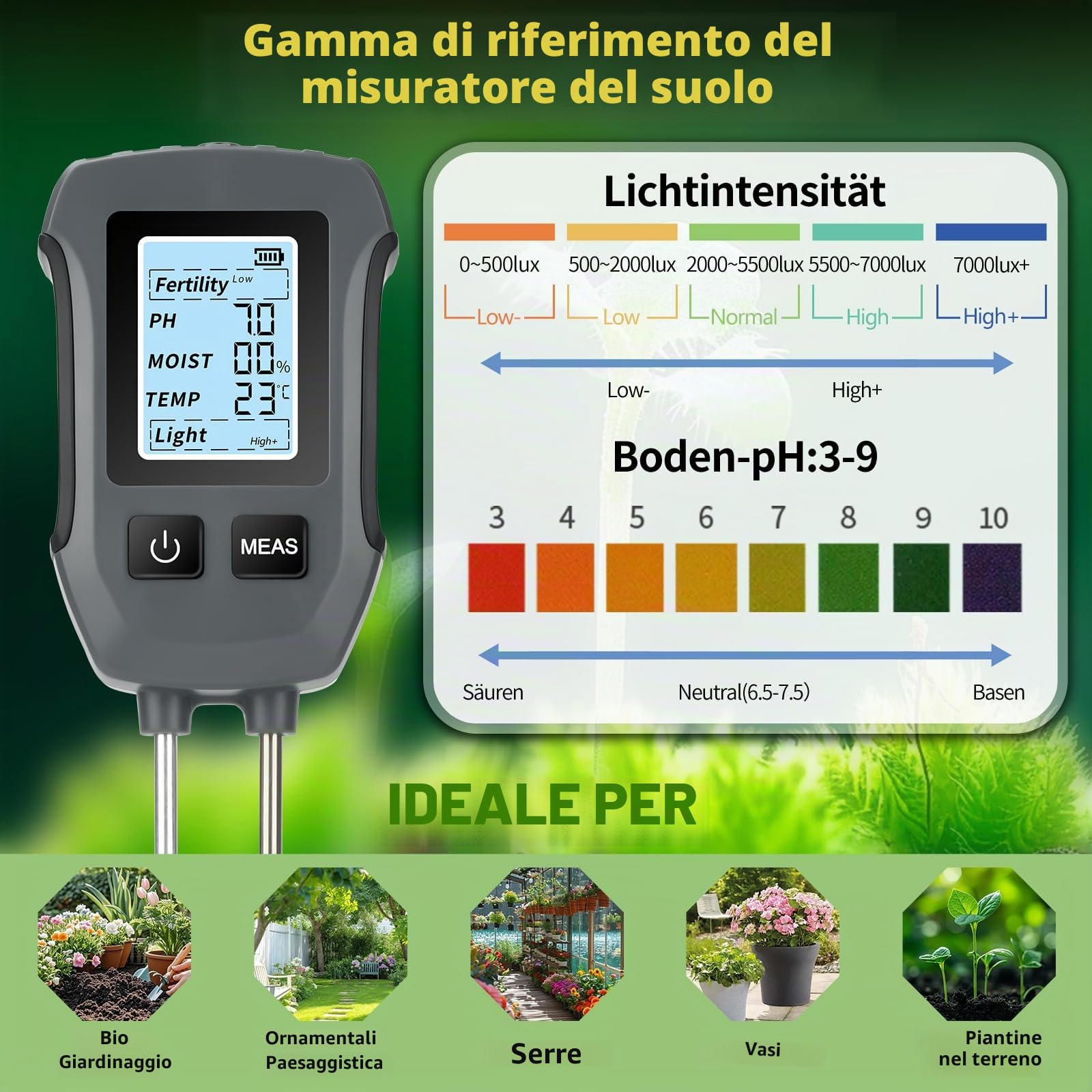 Heemol Misuratore di PH 5 in 1, Tester Multifunzione per fertilità, PH, umidità, Temperatura, Luce, misuratore di Terreno ad Alta precisione per Giardini, Piante e Piante d'appartamento