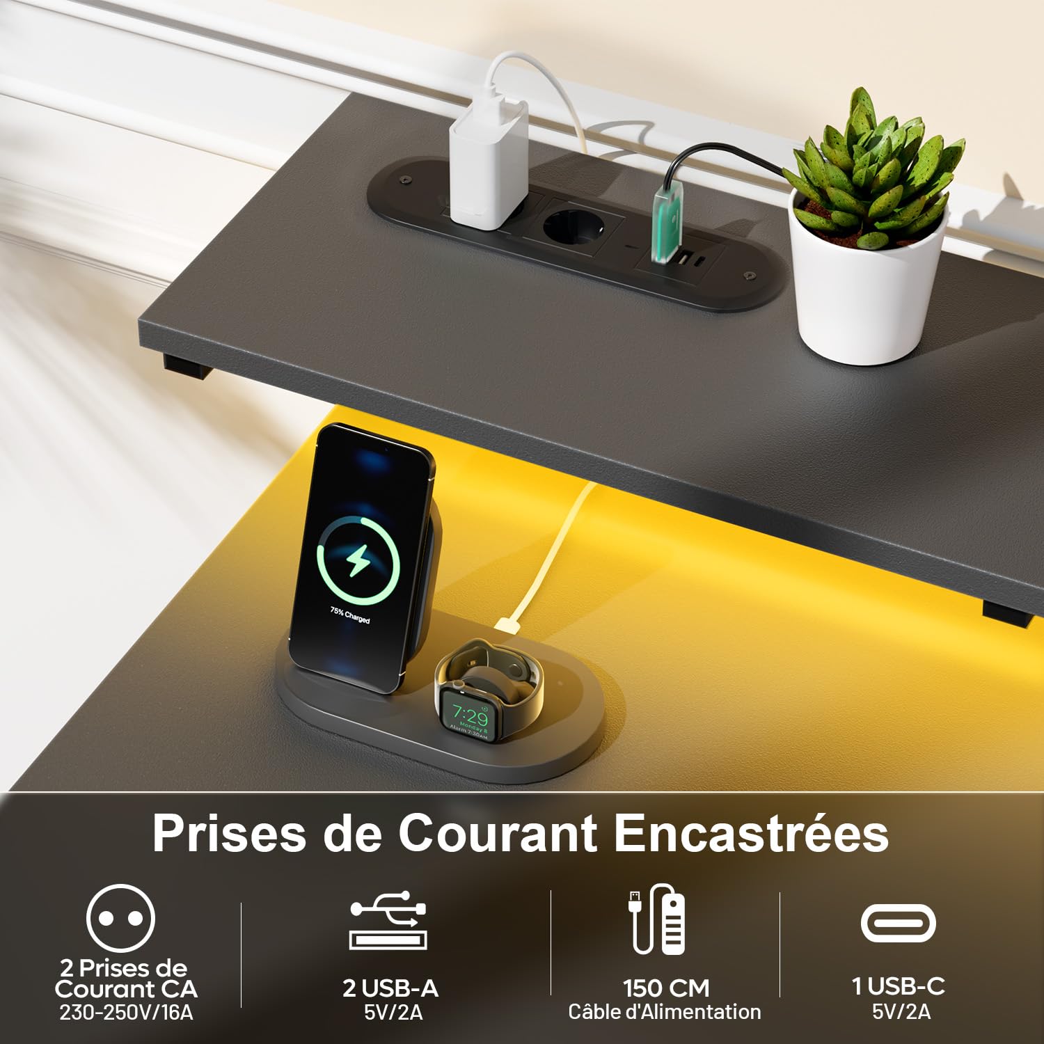HLFURNIEU LED Bureau avec 8 Tiroirs en Tissu, 120 × 50 cm Bureau Gaming avec Rangement, Prise Intégrée & Ports USB, Table Ordinateur Support Ecran, pour Étudier, Travailler et Jouer, Table Gamer Gris