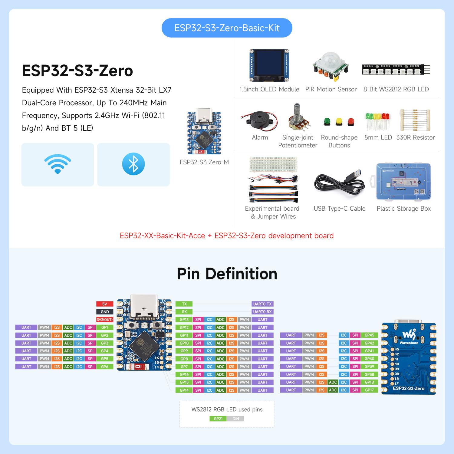 Waveshare ESP32-C6 Series Basic Kit, Quick Start with Rich Tutorials and Resources, Compatible with MicroPython, andnd ESP-IDF Programming,Contains ESP32-C6-Zero Dev Board