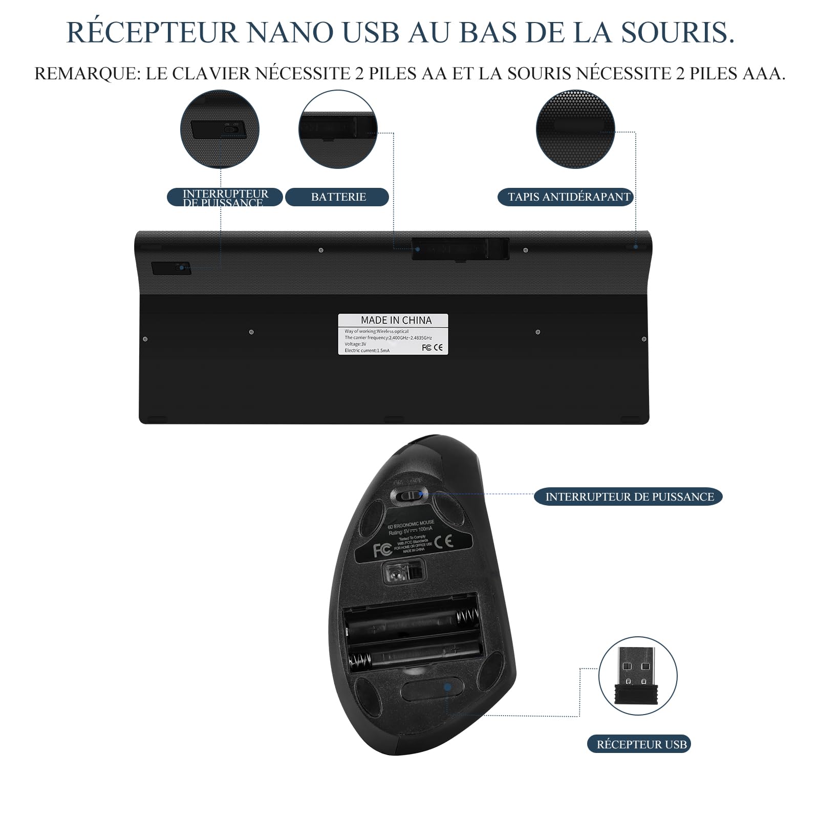 2.4GHz sans Fil Vertical Ergonomique Souris et Clavier Combo Slim Portable Taille pour PC Ordinateur de Bureau Ordinateur Portable Tablette Mac (Right-Handed) (Noir)
