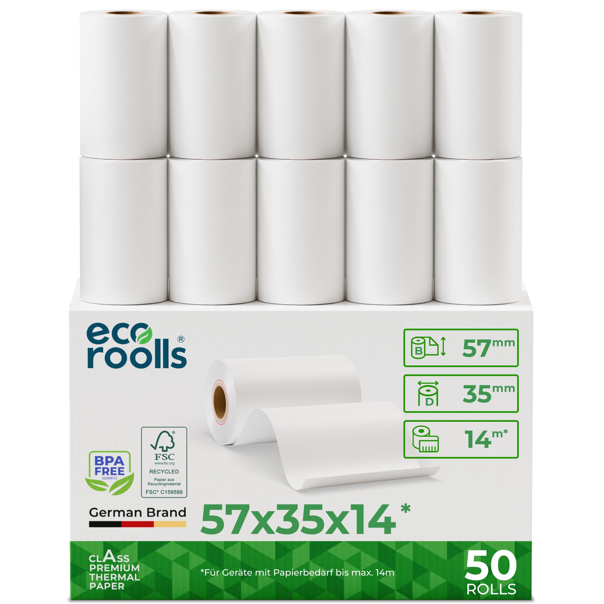 ECO ROOLLS® EC Cash Rollen Thermopapier 57mm x 35mm x 12mm - Kassenrollen 57x35x12 für EC & Kredit-Kartenlesegeräte - Thermorollen 57mm - Bonrollen EC Gerät - Für Systeme bis 14m Papierbedarf (50 Stk)