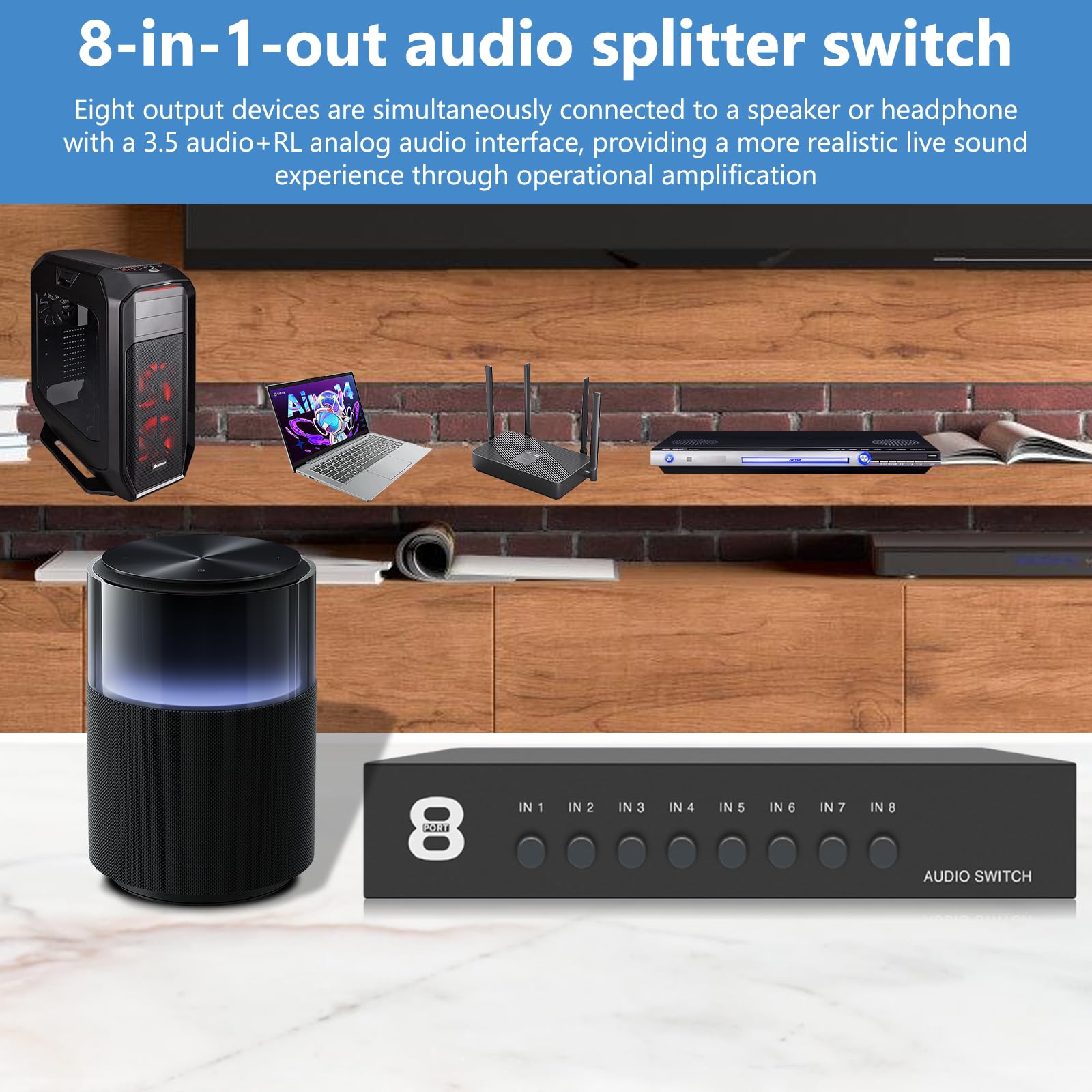 Interruttore audio 8 in 1 Out, interruttore audio passivo, 3,5 mm, AUX + RCA L/R, commutatore audio bidirezionale, splitter video per cuffie, fono, altoparlante, sistema audio