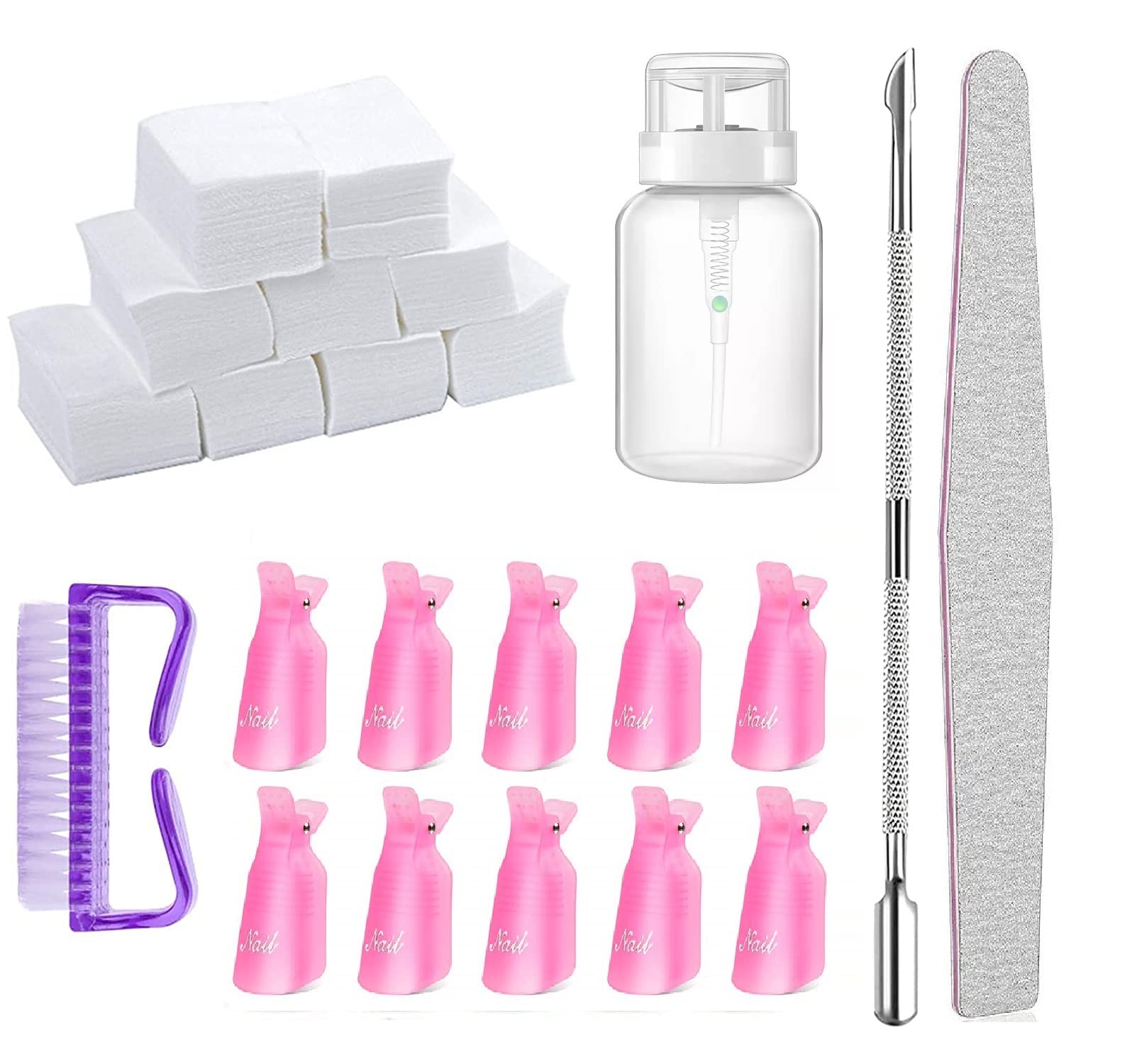 D.B.Z.® Nail Polish Gel Remover Tools Kit - 1000 Nail Remover Cotton Pad,10 Pcs Soak Off Cap Clip,1 Nail File,1 Pcs Press Bottle, Nail Brush, Cuticle Pusher Tools Kit-image-45