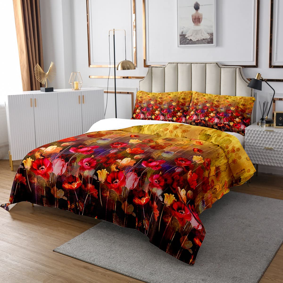 Erosebridal Poppy Coverlet Set Red Flower Quilted King Size Floral Watercolor Bedspread for Kids Boys Girls Adult, Garden Theme Bedspread Quilt Set Rustic Country Farmhouse Decoration