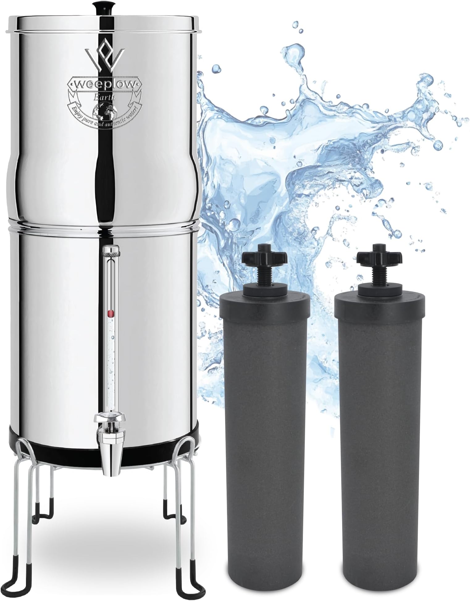 Earth Gravity Water Filter System 8.5L – Stainless Steel Countertop Filter Compatible with Berkey Systems – Includes 2 O'Pure 2 Filter Elements