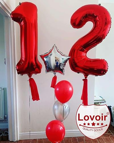 Miniatura 5 de Globo rojo de 40 pulgadas con el número 12 de 21 dígitos gigantes de papel de aluminio de Mylar de helio para fiesta de cumpleaños de 12 y 21 años,