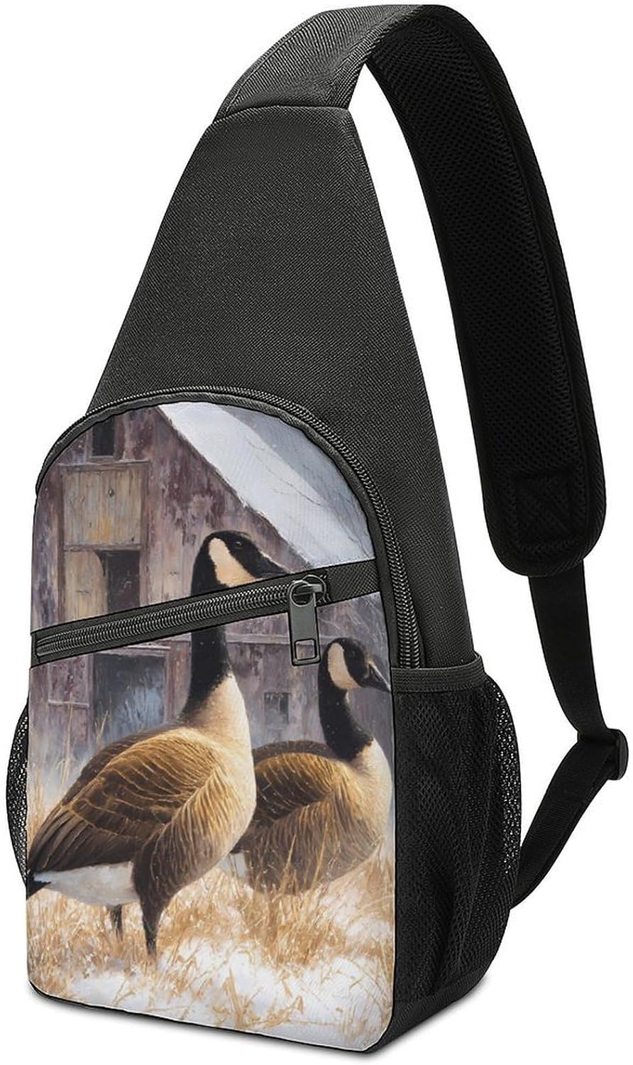 Geese Winter Barn Snowy Scene Crossbody Sling Backpack Chest Bag Daypack | unisex,trendy,with convertible and detachable shoulder strap,side pockets