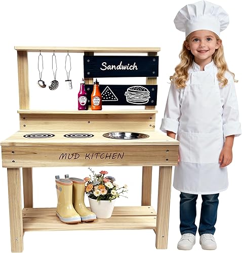Beipoo Cocina de barro, juego de cocina de juguete de madera, cocina de madera de abeto para niños con fregadero de agua, pizarra y accesorios de