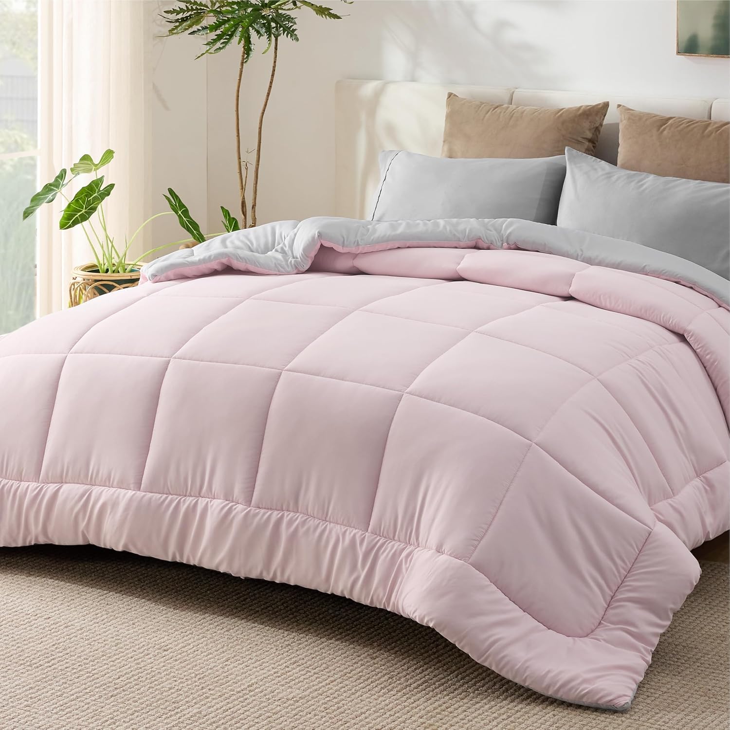 BEDSURE Edredón de 240 x 220 cm, para todo el año, edredón para las 4 estaciones, certificado Öko-Tex, 300 g/m², reversible, 240 x 220 cm, color rosa/gris, suave y cálido, manta para alérgicos