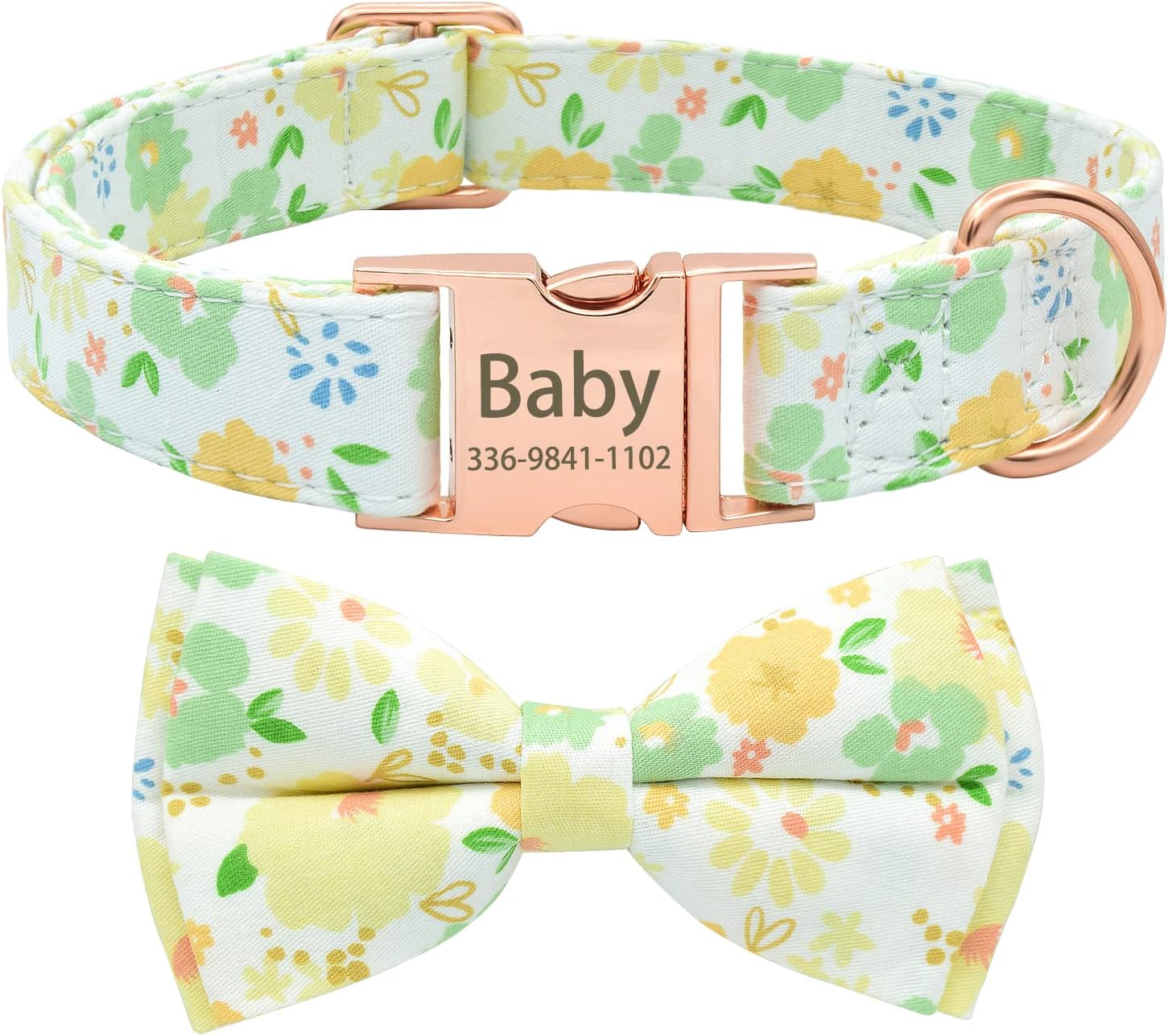 Personalized Cute Flower Girl Dog Collar with Leash, Custom Floral Dog Collar with Name, Engraved Gold Buckle Collar for Female Dogs, Small, Medium, Large Dogs