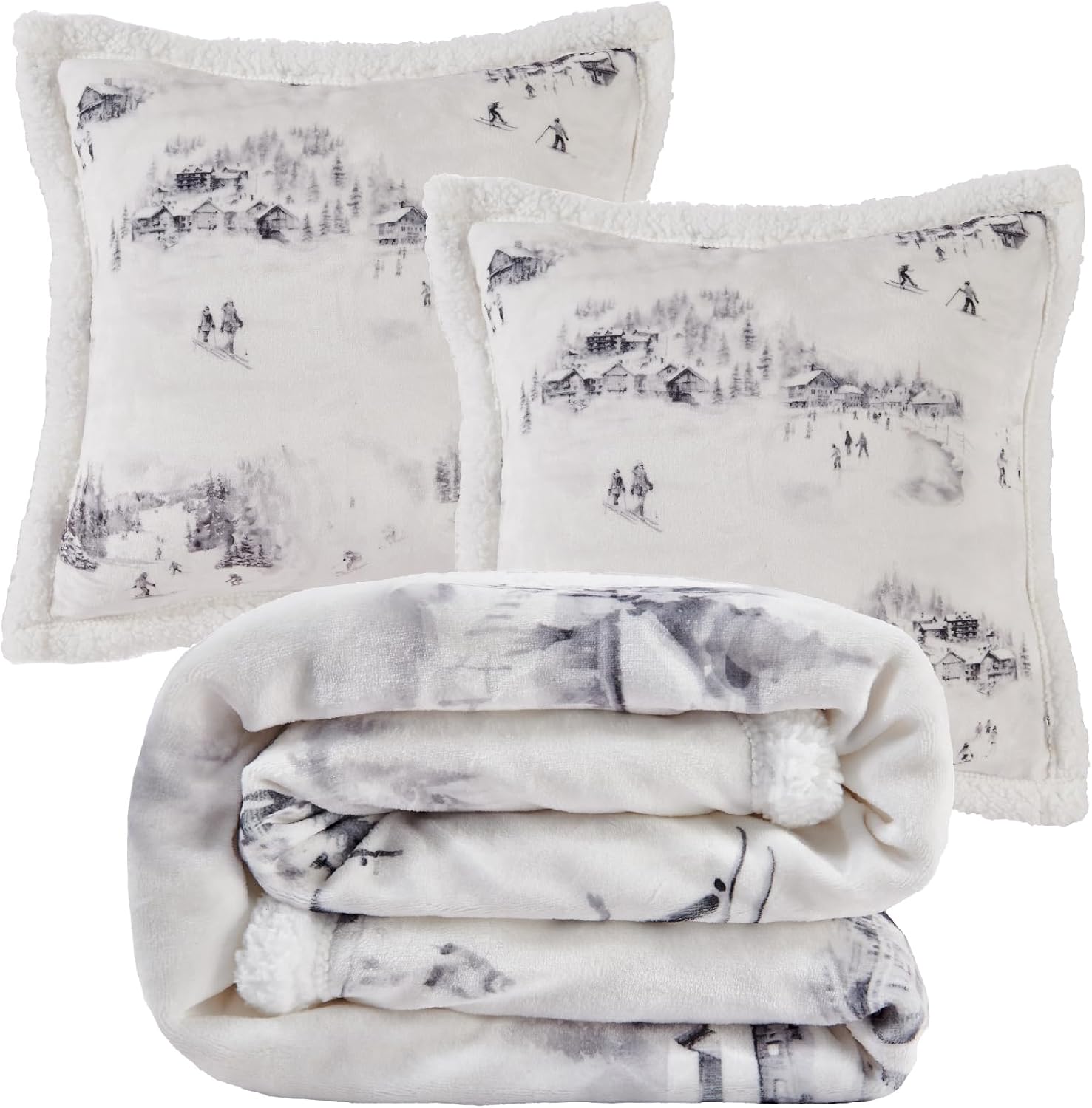 Indigo Hill by HiEnd Accents Ski Toile 3 Piece Sherpa Throw Blanket Set, Snow Mountain Pine Tree Ski Season Print, White Gray Fleece Blanket with Pillows, Cabin Lodge, 1 Throw and 2 Pillows