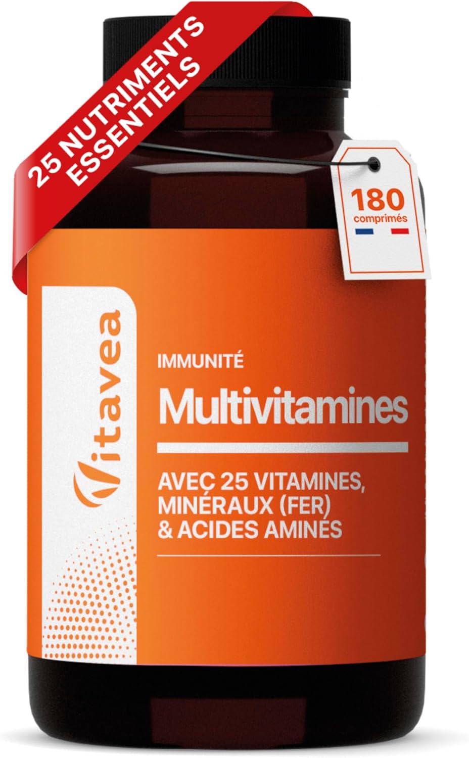 Multivitamins & Minerals – 25 Essential Nutrients including Vitamin A B C D E, Zinc and Iron – 4 Amino Acids – 6 months – Energy, Fatigue & Immunity – 180 Tablets – Made in France – Vitavea