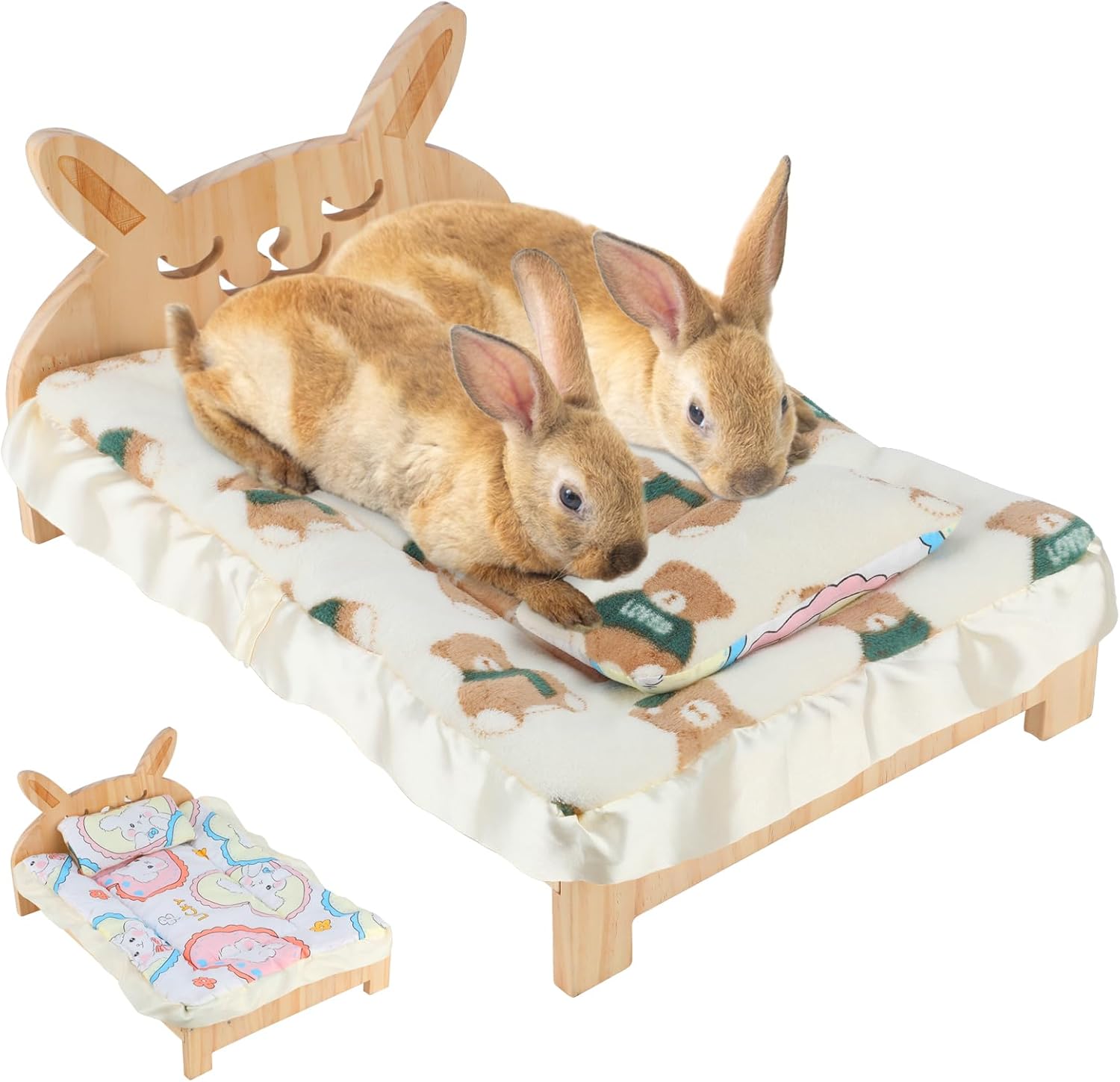 BWOGUE Large Wooden Bunny Bed, 2 in 1 Folding Wooden Pet Bed with Reversible Cushion & Pillow, Easy to Assemble Small Animals Beds for Bunnies Rabbits Guinea Pigs Puppy Kittens Sleeping Habitat