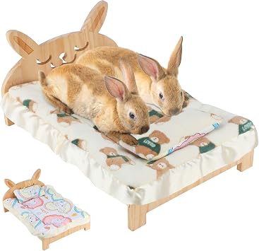 BWOGUE Large Wooden Bunny Bed, Rabbit Bed with Foldable Design and Cushion
