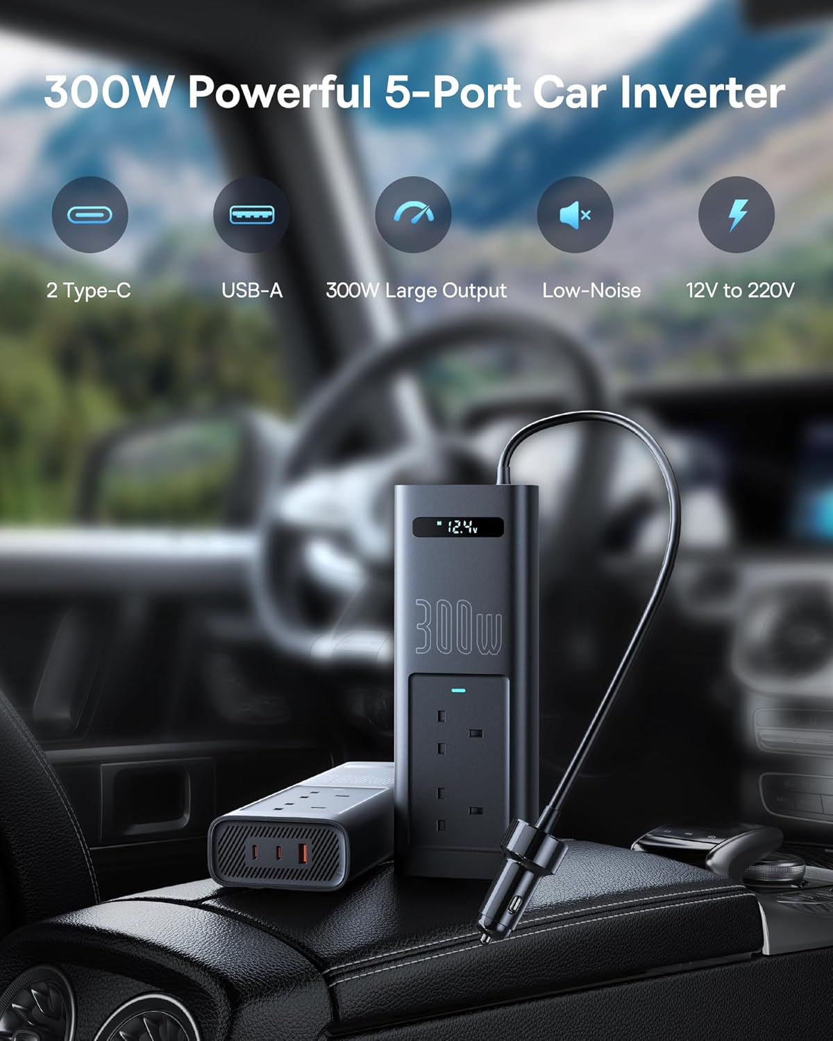 Inversor de corrent per a cotxe Baseus de 300 W que mostra els seus cinc ports de sortida