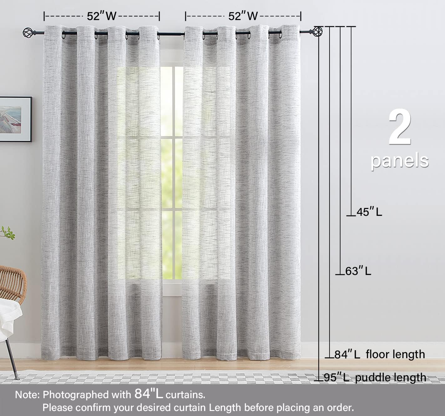 Semi Sheer Linen Curtains for Living Room Bedroom 95 inch Long Privacy Grey Curtain Panels Light Filtering Rustic Window Drapes for Dining 52" W 2pcs Grommet Top