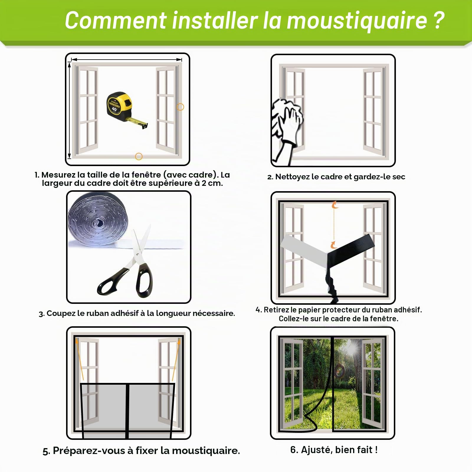 Risareyi Moustiquaire Fenetre Magnetique Résistant 130x130cm, Noir | Filet Renforcée, Rideau Moustiquaire Porte Aimantée, Anti-moustiques, Fermeture Automatique, Sans Percage, 2cm Bande Adhésive