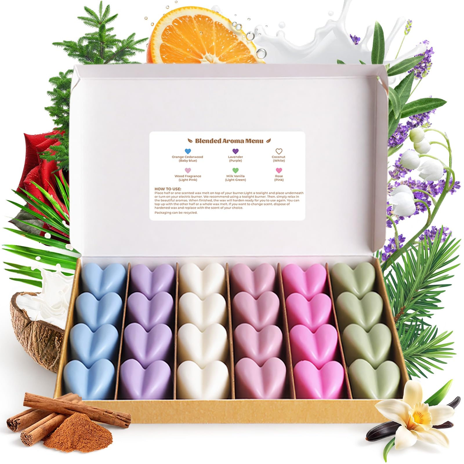 Wax Melts Strong Scented Gift| 24 Pack with 6 Fragrances | Luxury Gift Set Wax Melts| Over 110 Hrs Burn Time Per Box,Soy Wax Based | Pet Friendly | Hand Poured