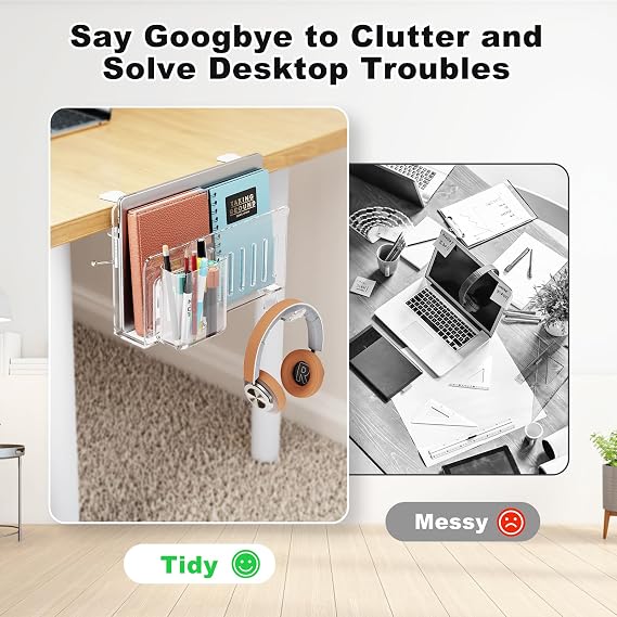 Clear Acrylic Desk Side Storage Organizer,With Pen Holder and Headset Hook