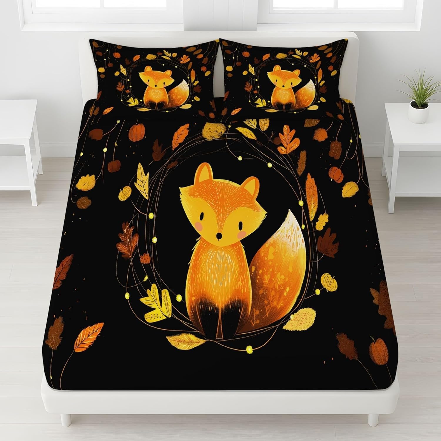 Leaves Small Double Fitted Sheet Squirrels Bed Sheets Deep Pocket 12 inch (30 cm) Soft Cozy 3 Piece Microfibre Bed Sheet 120x190 cm with 2 Pillowcases 50x75 cm