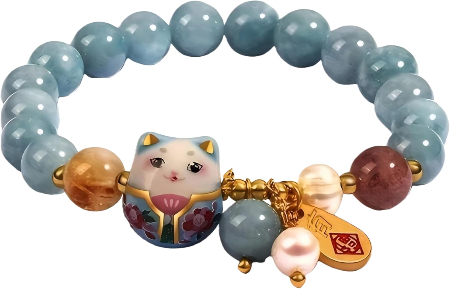 Lucky Cat Bracelet for Women, Blue Crystal Feng Shui Good Luck Jade Jewelry Ceramic Cat Pendant for Wealth Protection Motivational Positive Energy Meaningful Gift