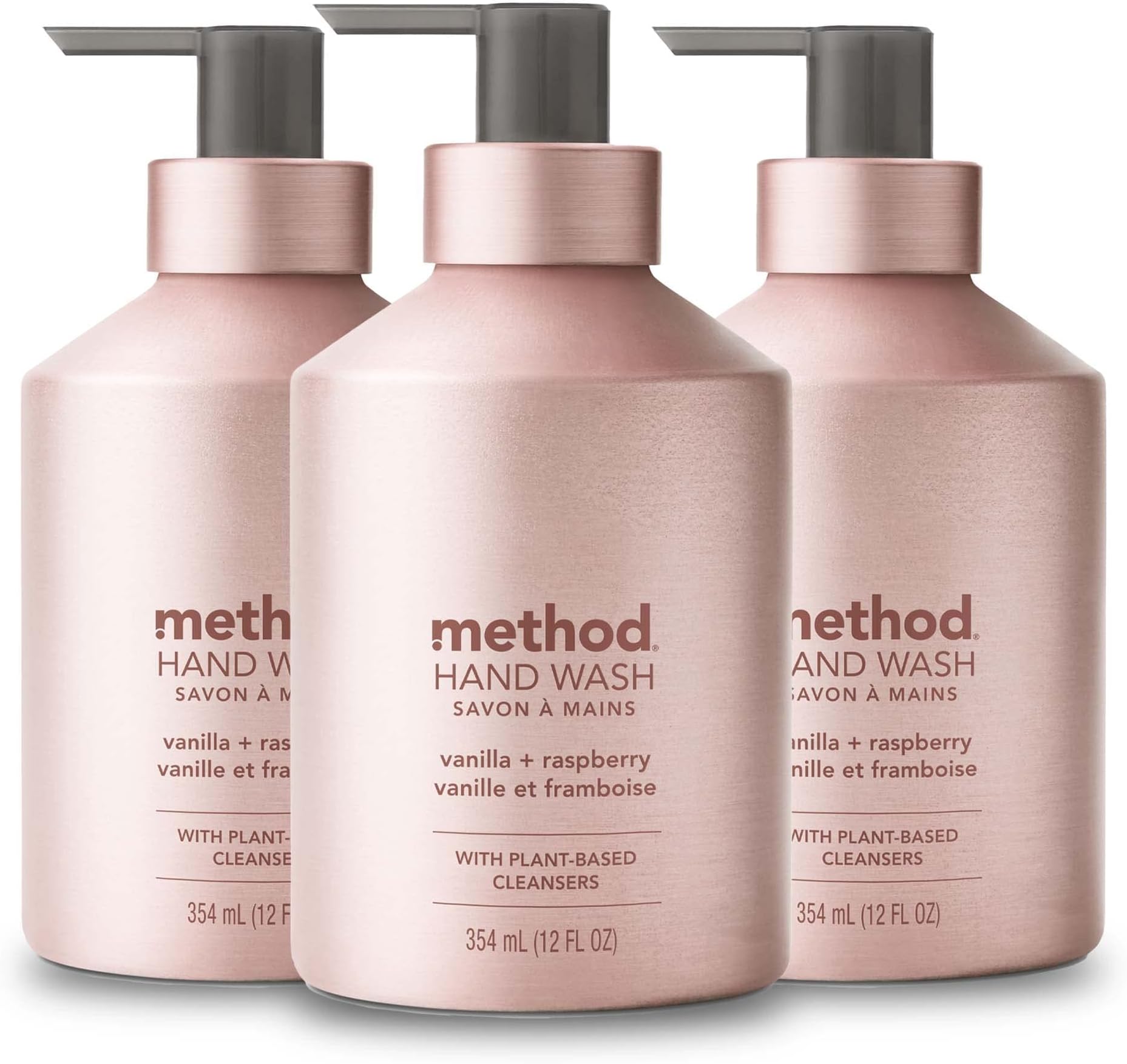 Method Gel Hand Soap, Vanilla + Raspberry, Reusable Pink Aluminum Bottle, 12 oz (Pack of 3)