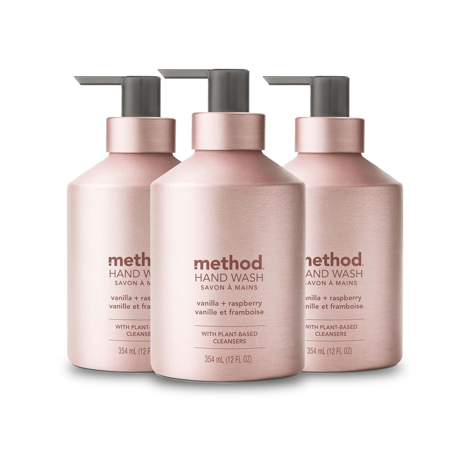 Method Gel Hand Soap Vanilla Raspberry Reusable Pink Aluminum Bottle 12 oz Pack of 3