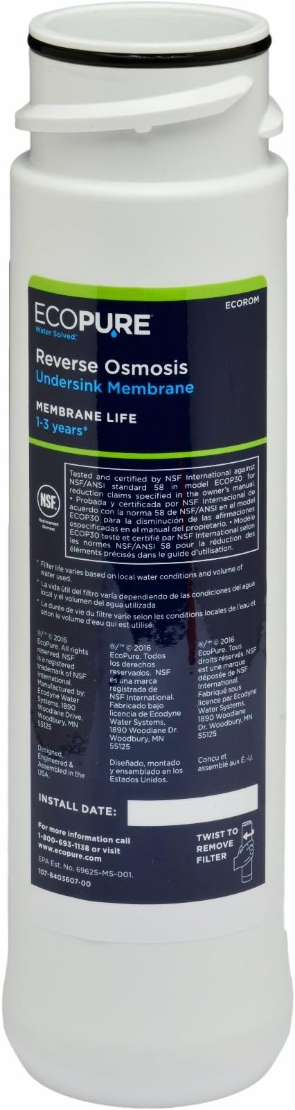 EcoPure ECOROM Reverse Osmosis Under Sink Replacement Water Membrane | NSF Certified | Fits Ecop30 System | 1-3-Year Filter Life, 0.9, White