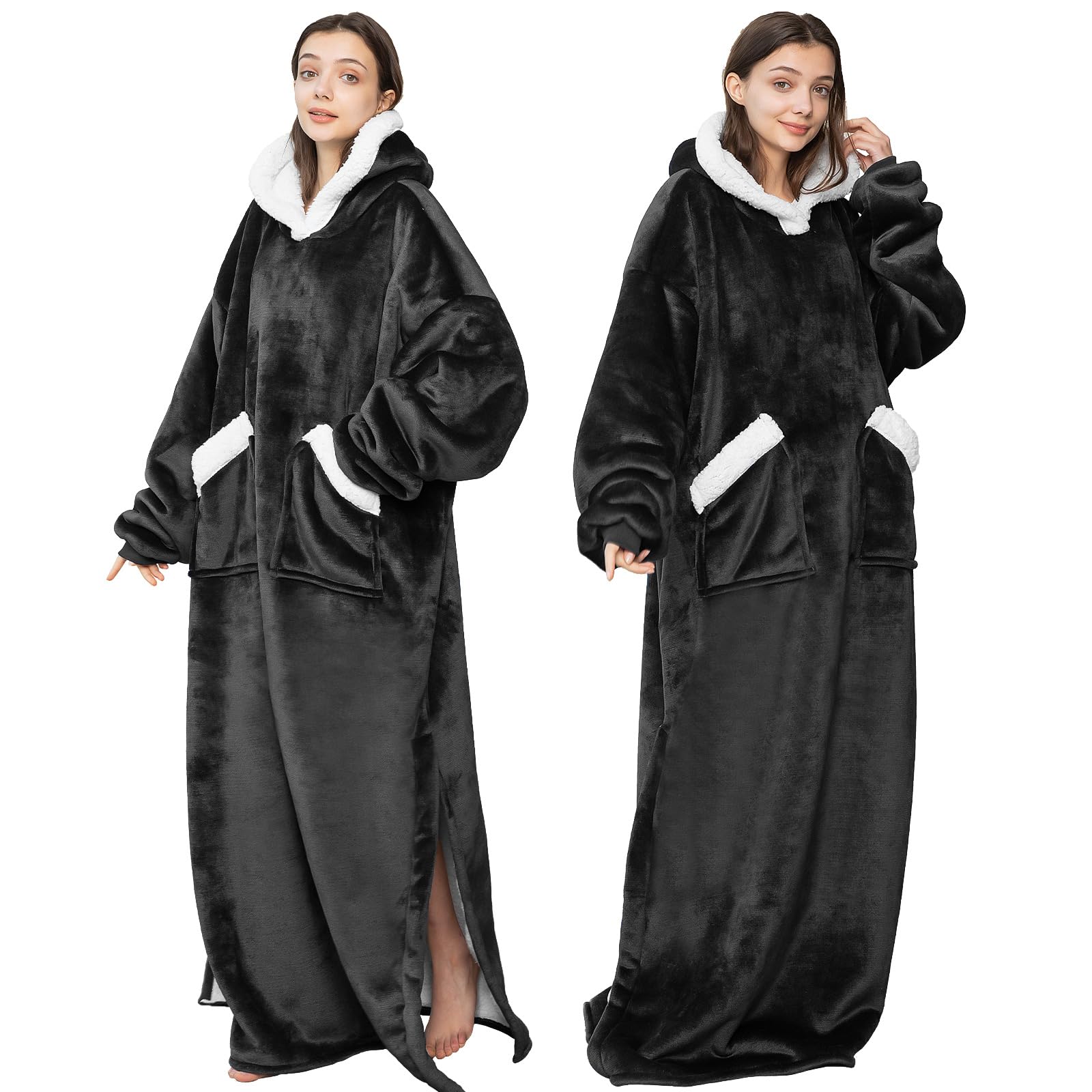 Emwwat Coperta extra lunga con cappuccio, oversize Sherpa con cappuccio per donne e uomini, coperta indossabile con maniche e tasca gigante