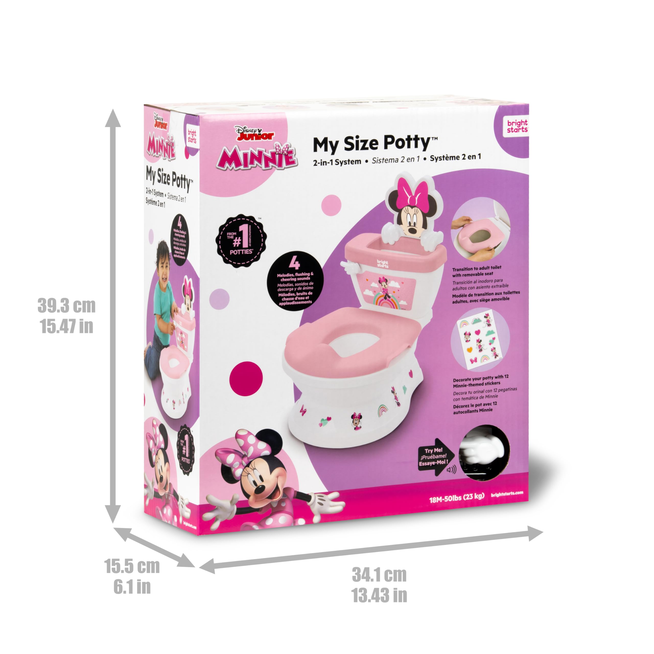 Bright Starts, Disney Baby Orinal 2 en 1 Minnie Mouse, con Sonidos de Descarga y Aplausos, desde 18 Meses, hasta 23 kg, Rosa