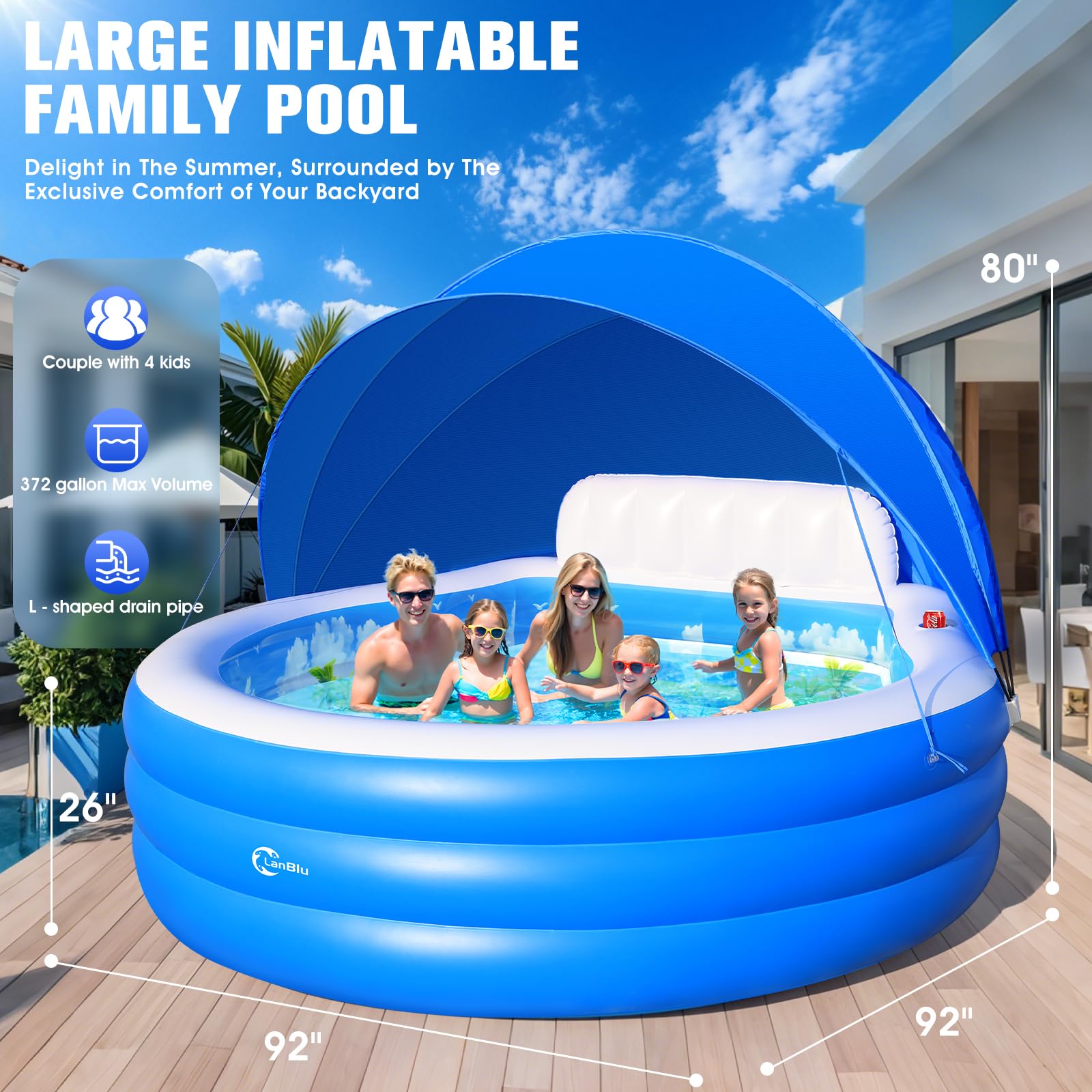 Large Inflatable Pool With Removable Canopy - 126x75x25 Inch Family Pool With Seats, Backrest, Ocean Theme For Kids & Adults