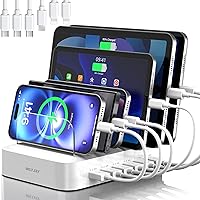 MSTJRY 6-Port USB Charging Station for Multiple Devices - Family Organizer Dock for iPhone, iPad, Android Tablets with Cables & Dividers, White