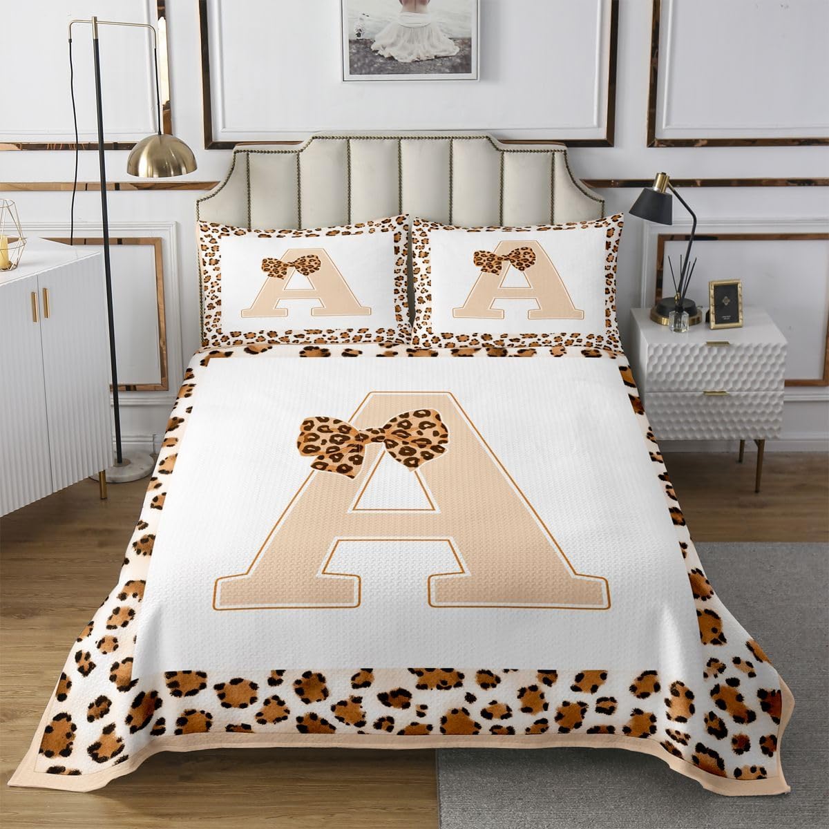 Feelyou Initial Letter A Bedspread Queen Size Abstract Coverlet Set Leopard Fur Stripes Quilted Coverlet for All Season with 2 Pillowcases Lightweight