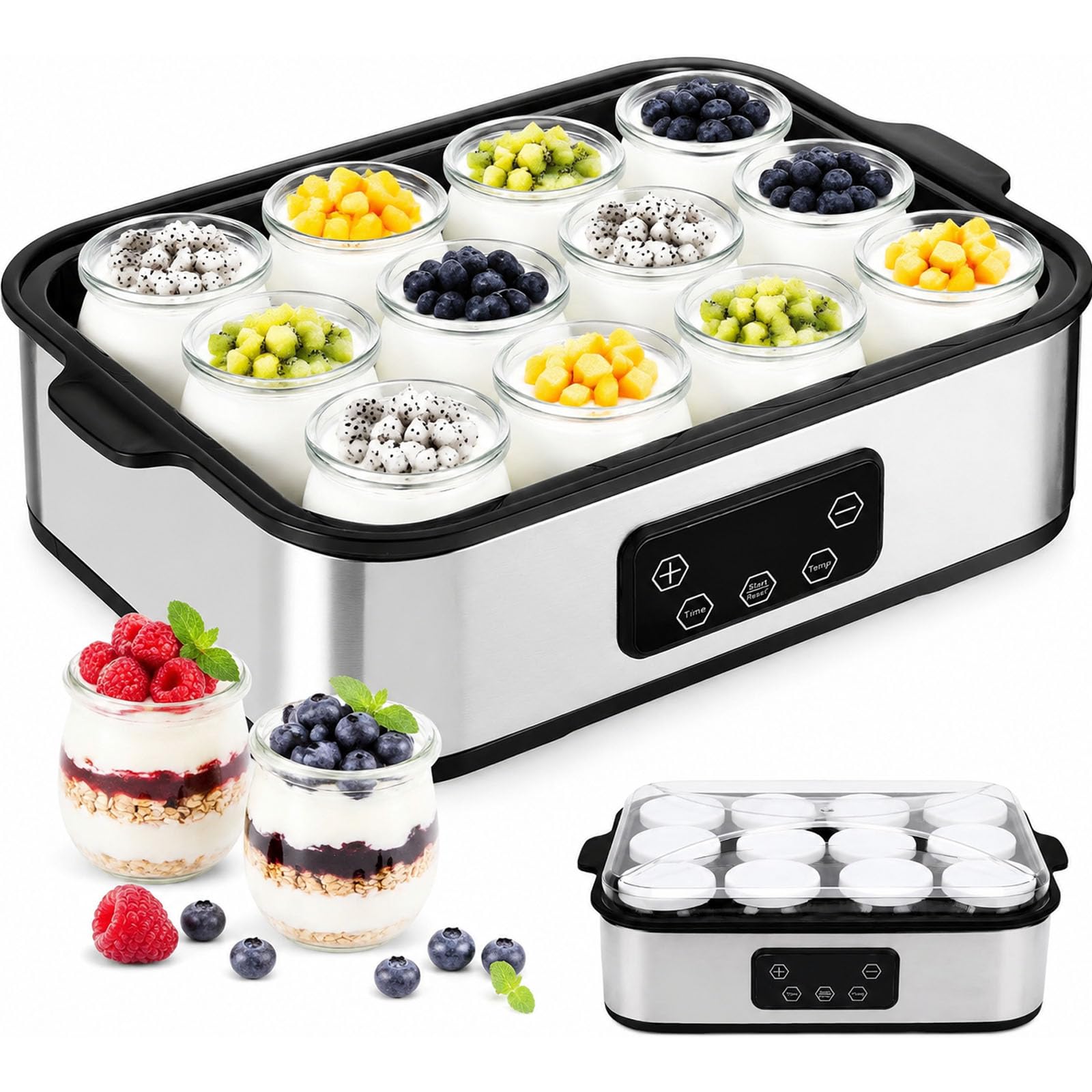 Yaourtière 12 x 180 ml, machine à yaourt avec contrôle réglable du temps et de la température sur 48 heures, arrêt automatique et température constante, pour dessert grec fait maison