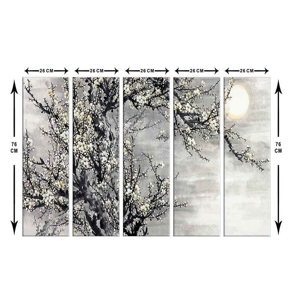 999STORE 5 panel wall painting wall frames for living room with frame wall hanging beautiful sun with tree nature gu bed (MDF_Size_76x130 cms_color_Grey) 5Frames0572 3
