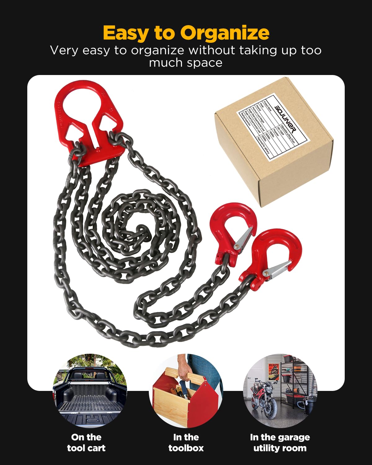 Cadenas de elevación resistentes con ganchos ajustables, 3/8 pulgadas x 10 pies, carga máxima de 7500 libras, eslingas de cadena de doble pierna para polipasto de motor industrial (modelo mejorado)