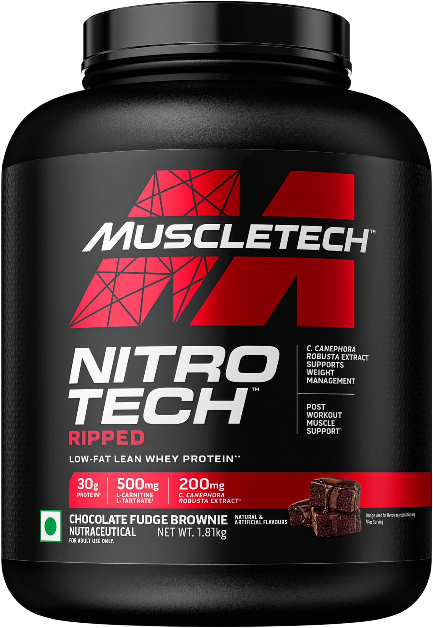 Nitrotech Ripped,1.81 Kg (4Lbs),Chocolate Fudge Brownie,Low Fat Lean Whey Protein,+ Weight Management,30 G From Whey Protein,500 G (L-Carnitine & L-Tartrate),200 Mg C,43 Servings
