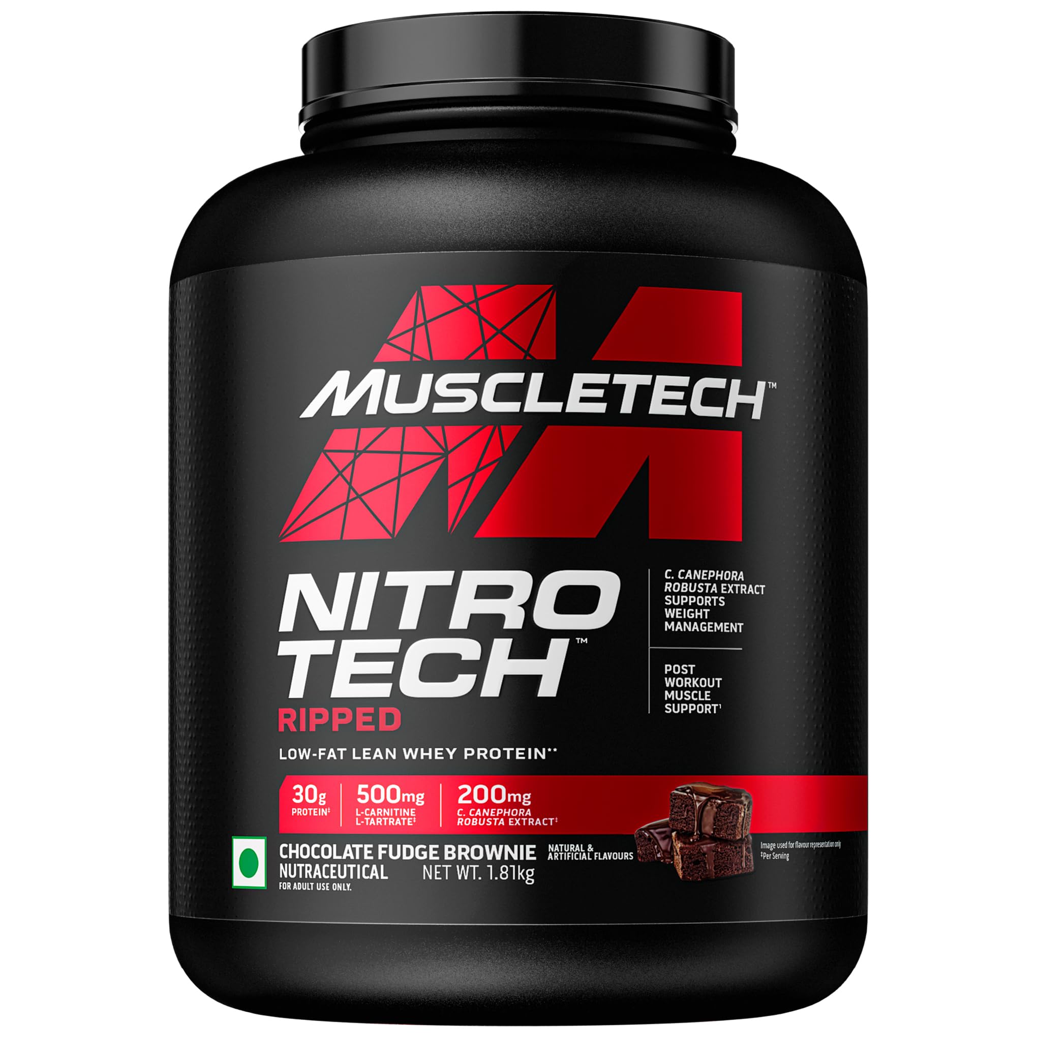 MuscleTech Nitrotech Ripped,1.81 Kg (4Lbs),Chocolate Fudge Brownie,Low Fat Lean Whey Protein,+ Weight Management,30 G From Whey Protein,500 G (L-Carnitine & L-Tartrate),200 Mg C,43 Servings