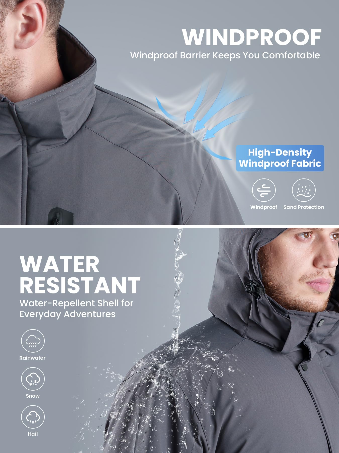 Winterjacke Herren Warm Fleece Gefüttert SkiJacke wasserdichte winddichte atmungsaktive Jacke mit Fleecefutter abnehmbare Kapuze dicke Softshelljacke